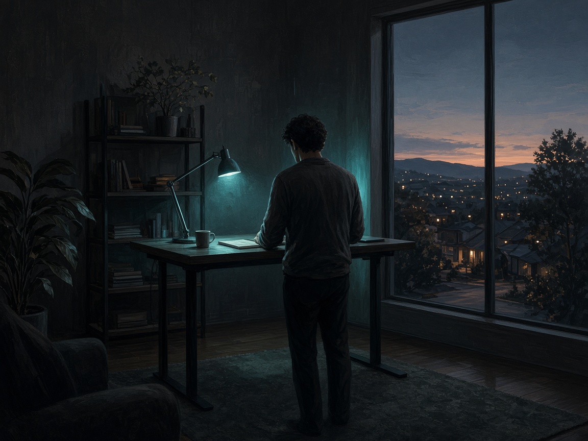 A person at a standing desk in a dark study